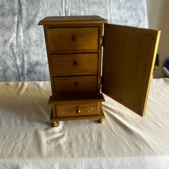 VINTAGE ENESCO WOOD MUSICAL GOLD JEWELRY BOX W/MUSTARD VELVET LINERS DRAWES - Picture 12 of 13